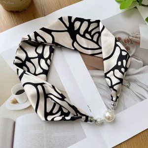 2/$30 Magnetic Snap Silky Black and White Patterned Scarf Beads Pearl Headband